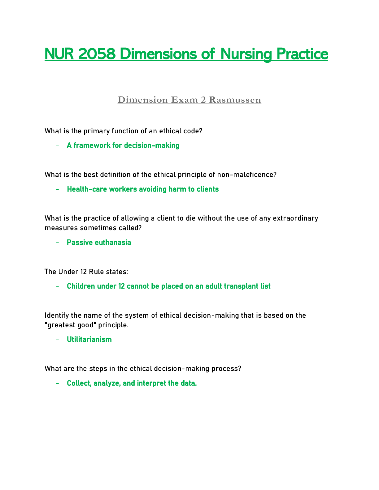 NUR 2058 / NUR2058 Exam 2 Updated: Dimensions of Nursing Practice - Rasmussen